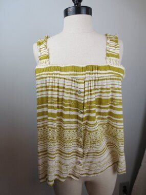 Jane & Delancey Boho Olive Green Striped Mock Button Tank Top w/ Ruffle Straps L